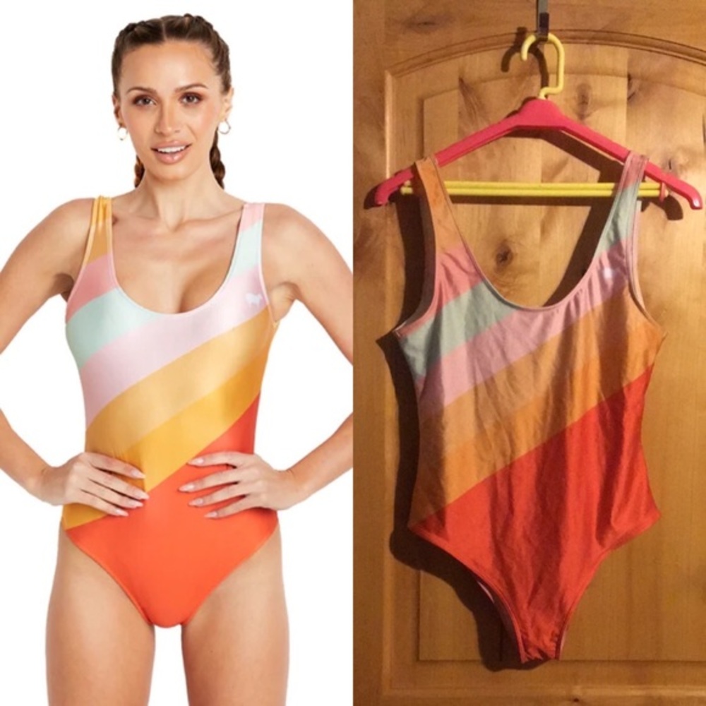 GOLDSHEEP Orange Pastel Color Block Retro Sport 1-Piece Swimsuit $80 NWOT L